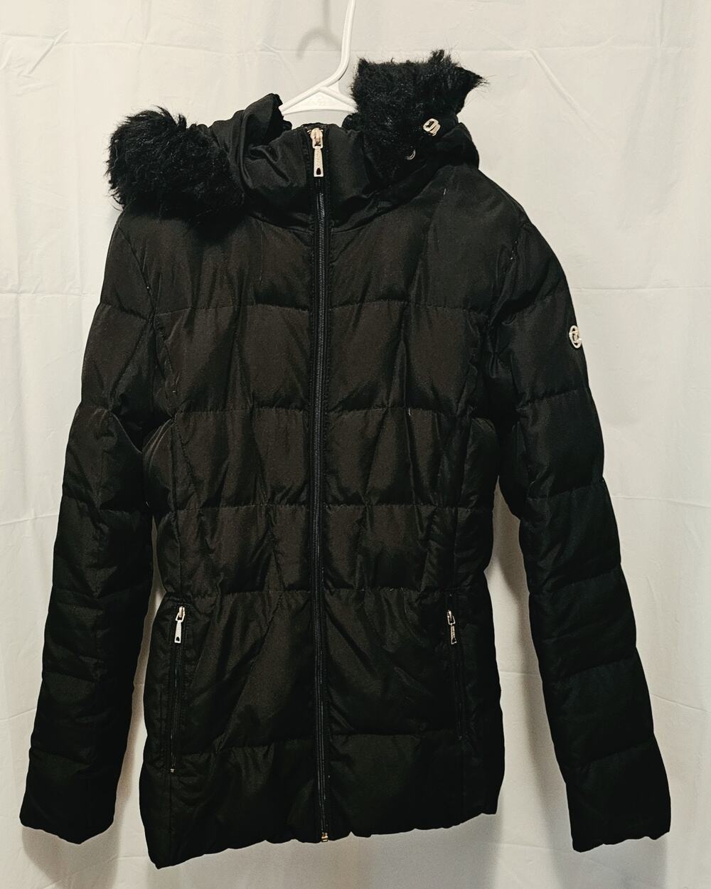 CALVIN KLEIN Womens Black Zip Up Puffer Coat with Removable Fur Trim Hood Sz Med